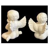 k - Angel Cherub Figurines - Pair, White Ceramic, Winged Baby Angels