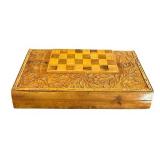DR - Vintage Wooden Balinese Carved Chess & Checkers Set in Carved Inlaid Box