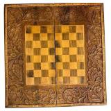 DR - Vintage Wooden Balinese Carved Chess & Checkers Set in Carved Inlaid Box