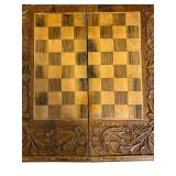 DR - Vintage Wooden Balinese Carved Chess & Checkers Set in Carved Inlaid Box