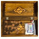 DR - Vintage Wooden Balinese Carved Chess & Checkers Set in Carved Inlaid Box