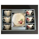 DR - Limoges Hand Painted Porcelain Tea Cups & 4-Inch Plate Set - Rose Bouquet, Gold Trim