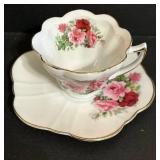 DR - Limoges Hand Painted Porcelain Tea Cups & 4-Inch Plate Set - Rose Bouquet, Gold Trim