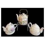 DR -Three Vintage Tea Kettles including a Elegance Enamel Teapot, HOMCO Porcelain and Ornate Designed Teapot