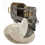 LL - Sanyei Made in Japan Ornate Silver Frame with Mirror & White Ceramic Dinnerware Set