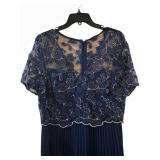 LL - Navy Blue Lace-Top Maxi Dress - Floral Embroidery & Pleated Skirt