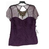 LL - Adrianna Papell Purple Ruched Evening Dress - Sheer Mesh Yoke