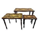 Three-Piece Nesting Tables - Floral Marquetry Inlay, Dark Walnut Finish