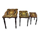 Three-Piece Nesting Tables - Floral Marquetry Inlay, Dark Walnut Finish