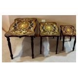 Three-Piece Nesting Tables - Floral Marquetry Inlay, Dark Walnut Finish