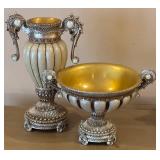 OK Lighting Ivory Ribbed Urn & Compote Set - Silver Tone with Gold Interior