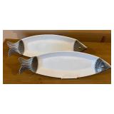 Two Fish-Shaped Serving Platters, 20.75 in Long, White with Silver-Tone Ends