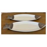 Two Fish-Shaped Serving Platters, 20.75 in Long, White with Silver-Tone Ends