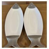 Two Fish-Shaped Serving Platters, 20.75 in Long, White with Silver-Tone Ends