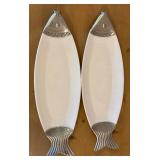 Two Fish-Shaped Serving Platters, 20.75 in Long, White with Silver-Tone Ends