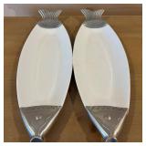 Two Fish-Shaped Serving Platters, 20.75 in Long, White with Silver-Tone Ends