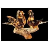 Love Birds on Branch Glass Sculpture - Amber Glass