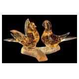 Love Birds on Branch Glass Sculpture - Amber Glass