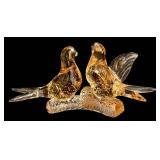 Love Birds on Branch Glass Sculpture - Amber Glass