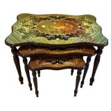 3-Piece Nesting Tables - Inlaid Floral Marquetry, Dark Wood