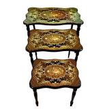 3-Piece Nesting Tables - Inlaid Floral Marquetry, Dark Wood