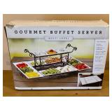 Gourmet Buffet Server Multi-Level with White Stoneware Trays - New in Original Packing