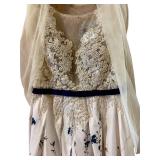 Jamak Floral Lace Maxi Dress - Beige with Navy Belt, Size 14