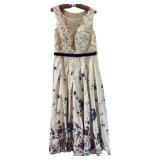 Jamak Floral Lace Maxi Dress - Beige with Navy Belt, Size 14