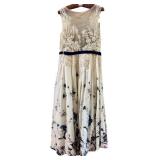 Jamak Floral Lace Maxi Dress - Beige with Navy Belt, Size 14