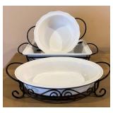 Signature Housewares 3-Piece Buffet Stoneware Set with Iron Stands - Large Oval Serving Dish