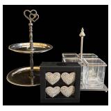 Two-Tier Heart-Top Dessert Stand - Nicole Miller Home Napkin Ring Box (4 Hearts) - Glass Condiment Stand
