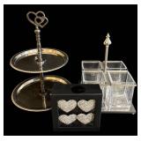 Two-Tier Heart-Top Dessert Stand - Nicole Miller Home Napkin Ring Box (4 Hearts) - Glass Condiment Stand