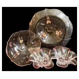Vintage Lancaster Pink Depression Glass Footed Bowl, Two Mikasa Crystal Pink Rosella Candy/Relish Dishes
