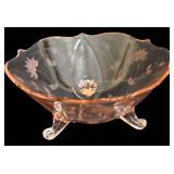 Vintage Lancaster Pink Depression Glass Footed Bowl, Two Mikasa Crystal Pink Rosella Candy/Relish Dishes