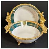 Vintage Golden Frem Limoges Bowls - Teal & Gold Embellished Footed Pair