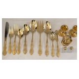 International Co. Gold-Tone Flatware Set - Wooden Box with Salt & Pepper Shakers, Candle Holders