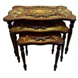 Three-Piece Nesting Tables - Floral Marquetry Inlay, Dark Walnut Finish