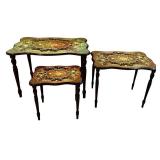 3-Piece Nesting Tables - Inlaid Floral Marquetry, Dark Wood
