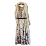 Jamak Floral Lace Maxi Dress - Beige with Navy Belt, Size 14