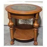 G - Round Wood Accent Table with Glass Top & Ornate Ironwork