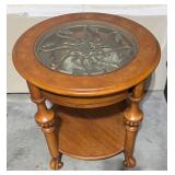 G - Round Wood Accent Table with Glass Top & Ornate Ironwork