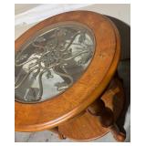 G - Round Wood Accent Table with Glass Top & Ornate Ironwork