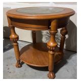 G - Round Wood Accent Table with Glass Top & Ornate Ironwork