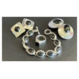 Sterling Silver Onyx Jewelry Set - Bracelet 7in, Ring Size 8, Earrings (2 Pairs)