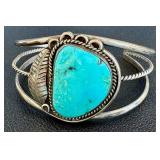Vintage Sterling Silver Turquoise Bracelet - Large Turquoise Cabochon, Open Cuff