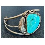 Vintage Sterling Silver Turquoise Bracelet - Large Turquoise Cabochon, Open Cuff