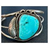 Vintage Sterling Silver Turquoise Bracelet - Large Turquoise Cabochon, Open Cuff