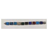 Sterling Silver Gemstone Panel Bracelet - Malachite, Onyx, Azurite, Jasper - 7 Inch