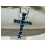 DiamonLuxe Sterling Silver Cross Necklace 22" Chain with Blue Stones