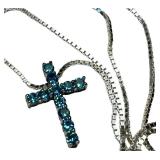 DiamonLuxe Sterling Silver Cross Necklace 22" Chain with Blue Stones